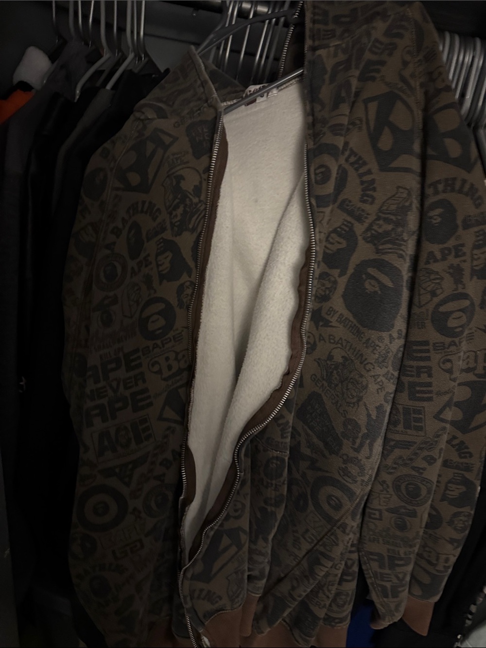 BAPE Brown Logo Print Zip-Up Bomber Jacket with Cream Lining